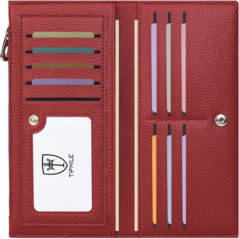 Tipmile Slim Wallet for Women, RFID Blocking Credit Card Holder, Ladies Bifold Wallet with Zipper, Wine Red - Image 1